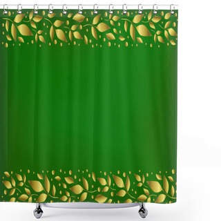 Personality  Green Background Stylized As Velvet With Decorative Stripes Align Top And Below With Golden Leaves And Dots For Decoration, Scrapbooking Paper, Wedding Invitation, Greeting Card, Text, Cover Of Book Shower Curtains