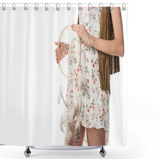 Personality  Cropped View Of Pregnant Woman Holding Dreamcatcher Isolated On White Shower Curtains