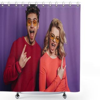 Personality  Excited Man And Woman Showing Rock Signs On Purple Background Shower Curtains