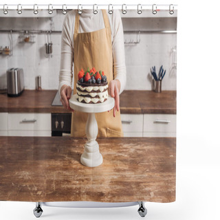 Personality  Cropped Shot Of Woman In Apron Preparing Delicious Cake With Berries In Kitchen Shower Curtains