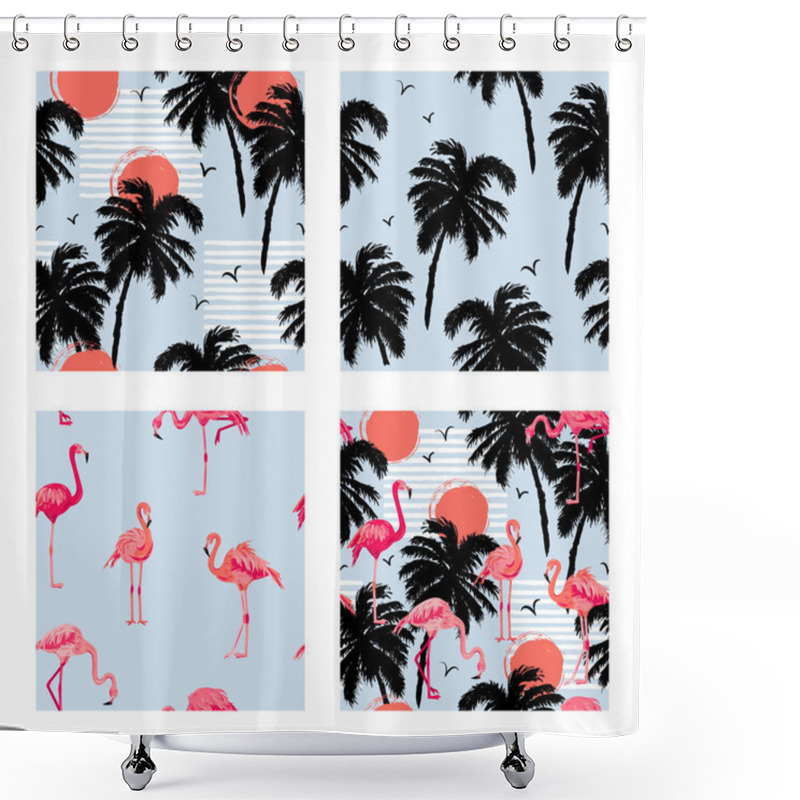 Personality  Seamless Patterns Set With Pink Flamingos, Palm Trees And Sun. Vector Illustration. Shower Curtains