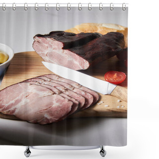 Personality  Selective Focus Of Tasty Ham On Cutting Board With Knife, Cherry Tomato And Baguette On White Surface Shower Curtains