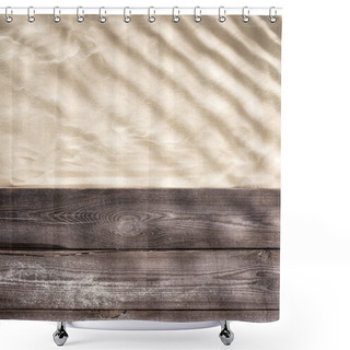 Personality  Top View Of Sand With Shadows And Wooden Brown Board With Copy Space Shower Curtains