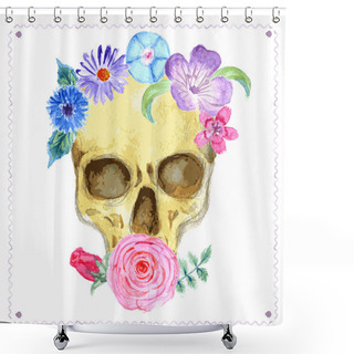 Personality  Watercolor Human Skull With Flowers Shower Curtains