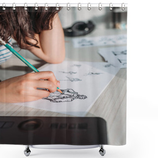 Personality  Cropped View Of Illustrator Drawing Storyboard On Paper  Shower Curtains