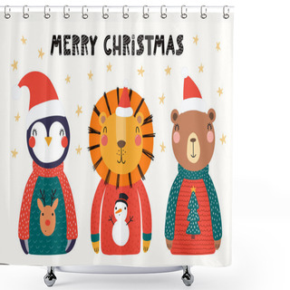 Personality  Hand Drawn Vector Illustration Of Cute Animals Lion, Penguin, Bear In Santa Hats And Sweaters, With Text Merry Christmas, Scandinavian Style Flat Design, Concept For Children Card. Shower Curtains