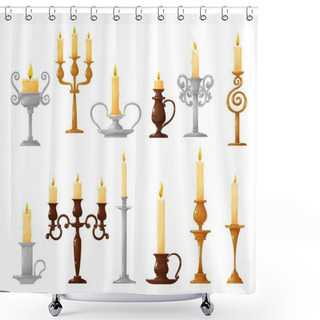 Personality  Candlestick With Burning Candle Cartoon Vector Icons. Candle Holder And Vintage Candelabra With Melted Wax And Fire Flame Isolated Symbols Of Christmas And Halloween Holiday Celebration Design Shower Curtains
