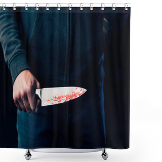Personality  Cropped View Of Murderer Holding Knife Isolated On Black Shower Curtains