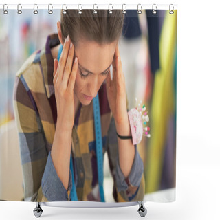 Personality  Portrait Of Stressed Tailor Woman At Work Shower Curtains