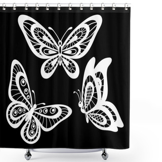 Personality  Set Of Beautiful Black And White Guipure Lace Butterflies Isolated.  Shower Curtains