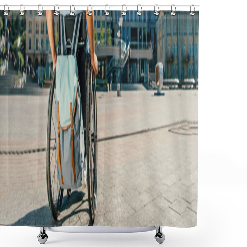 Personality  Cropped Panoramic View Of Man Using Wheelchair With Bag On Street Shower Curtains