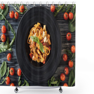 Personality  Top View Of Delicious Pasta On Plate And Fresh Vegetables On Wooden Table  Shower Curtains