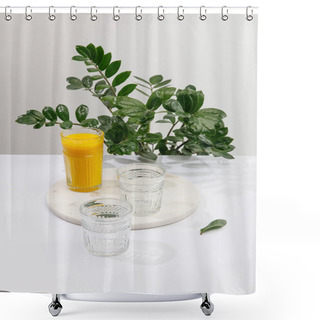 Personality  Glass Of Delicious Yellow Smoothie On White Surface Near Green Peace Lily Plant Isolated On Grey Shower Curtains