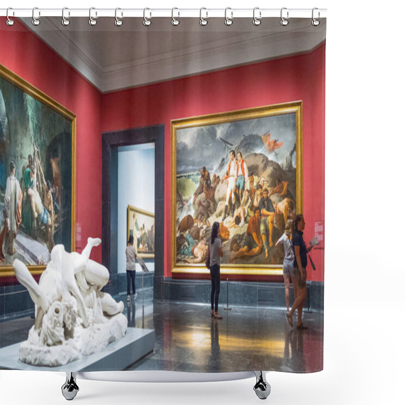 Personality  Madrid, Spain - August 25, 2015: Visitors in the halls of the Museum Del Prado shower curtains