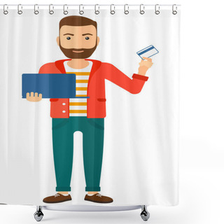 Personality  Man Making Purchases Online. Shower Curtains
