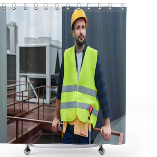 Personality  Male Architect In Safety Vest And Hardhat With Tool Belt Standing On Roof  Shower Curtains