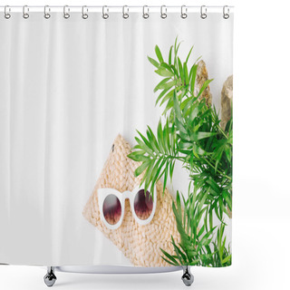 Personality  Tropical Leaves And Beach Bag With Sunglasses  On  White  Background. Top View, Flat Lay. Shower Curtains