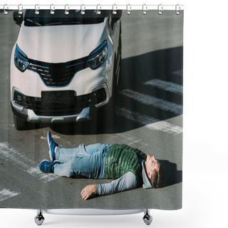 Personality  High Angle View Of Injured Young Man Lying On Road After Motor Vehicle Collision Shower Curtains