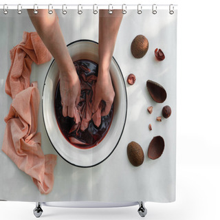 Personality  Woman's Hand Soaking Fabric In Pot With Natural Avocado Dye, Ingredients And Pink Textile As End Result. Shower Curtains
