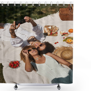 Personality  Picnic, Park, African American Girlfriends Taking Selfie On Vintage Camera On Blanket, Top View Shower Curtains