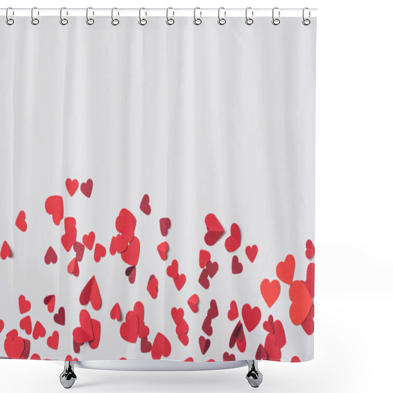 Personality  top view of red hearts scattered on white background shower curtains