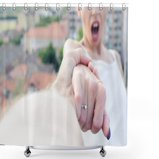 Personality  Man Throws A Woman Out Of The Terrace Of A High Building Shower Curtains