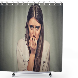Personality  Young Anxious Unsure Hesitant Nervous Woman Biting Her Fingernails Shower Curtains