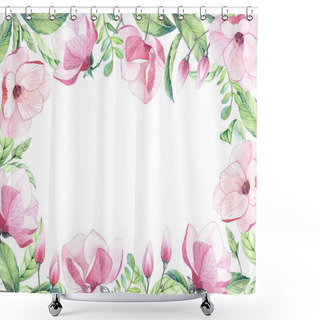 Personality  Watercolor Floral Arrangement Of Big Magnolia Flowers, Buds Tropical Leaves, Colorful Pink Green Color, Exotic Wedding Occasion Design, Ornament Horisontal Frame  Shower Curtains