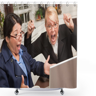 Personality  Two Women Using Laptop Celebrate Success Shower Curtains