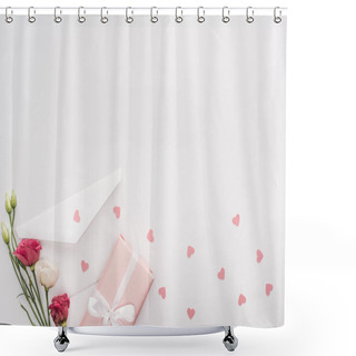 Personality  Top View Of Gift Box, Flowers, Envelope And Paper Hearts Isolated On White Shower Curtains