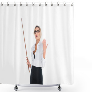 Personality  Attractive Teacher In Black Skirt And Blouse With Open Neckline Holding Pointer Isolated On White Shower Curtains