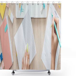 Personality  Cropped View Of Woman Making Notes In Weekly List, Sitting Behind Wooden Table With Notepad And Stationery Shower Curtains