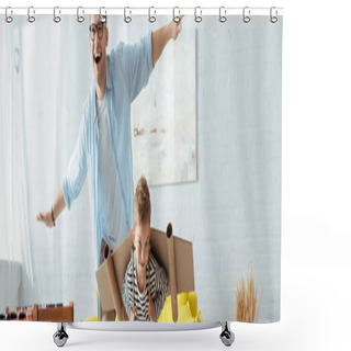 Personality  Panoramic Concept Of Happy Boy With Carton Plane Wings, And Cheerful Father Having Fun While Imitating Flying Shower Curtains