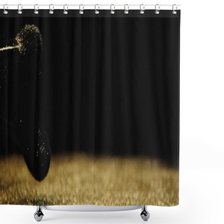 Personality  Cosmetic Brushes Near Shiny Golden Dust On Black Background Shower Curtains