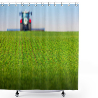 Personality  Defocused Tractor In The Background With A Roller Tillage On Spring Field. Soil Rolling Supports Germination And Is The Basis For Good Harvesting, Organic Farming And Agronomy Shower Curtains