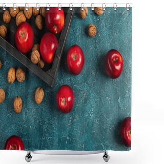 Personality  Thanksgiving Concept, Black Wooden Tray With Red Apples And Walnuts On Blue Textured Surface Shower Curtains