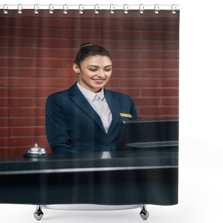 Personality  Young Beautiful Hotel Receptionist Looking At Computer Screen At Workplace Shower Curtains