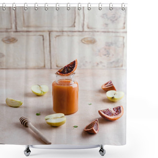 Personality  Fresh Healthy Smoothie On Rustic Table With Blood Oranges And Apples Shower Curtains