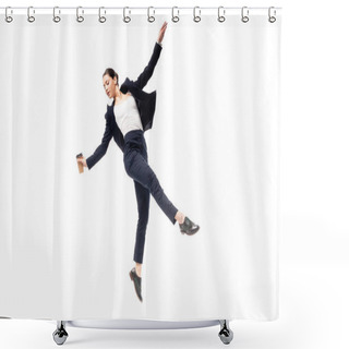 Personality  Young Businesswoman Dancing While Holding Coffee To Go Isolated On White Shower Curtains