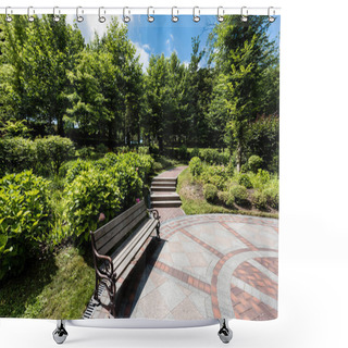 Personality  Wooden Bench Near Bushes And Green Trees On Grass In Park  Shower Curtains