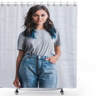 Personality  Selective Focus Of Young Woman In Empty Grey T-shirt In Front Of Brick Wall  Shower Curtains