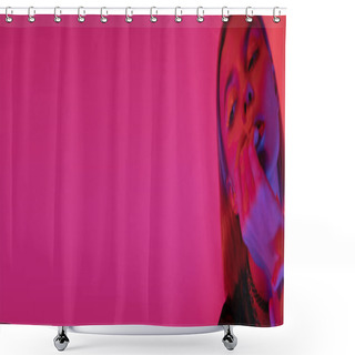 Personality  Woman With Neon Makeup Holding Hand Near Face On Deep Pink Background With Copy Space, Banner Shower Curtains