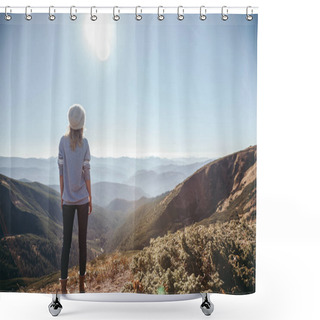 Personality  Rear View Of Female Traveler Looking At Mountains On Sunny Day, Carpathians, Ukraine Shower Curtains