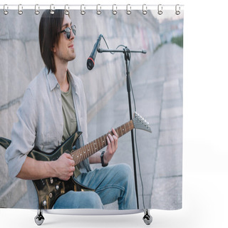 Personality  Young Man With Guitar Improvising While Performing On Street Shower Curtains