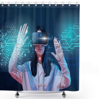 Personality  Young Woman In Virtual Reality Headset Gesturing Among Glowing Cyber Illustration On Dark Background Shower Curtains