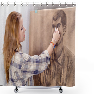 Personality  Young Female Artist Drawing Man Portrait In Her Art Studio. Shower Curtains