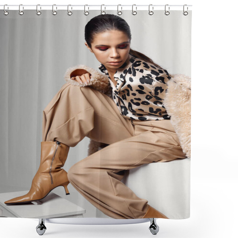 Personality  attractive woman in leopard shirt fashionable autumn clothes boots shower curtains
