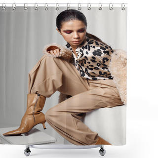 Personality  Attractive Woman In Leopard Shirt Fashionable Autumn Clothes Boots Shower Curtains