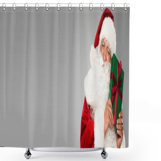 Personality  Father Christmas In Hat Closing Eyes While Holding Gift With Bow Isolated On Grey, Banner  Shower Curtains