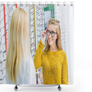 Personality  Oculist Helping Client To Choose Eyeglasses In Optics Shower Curtains